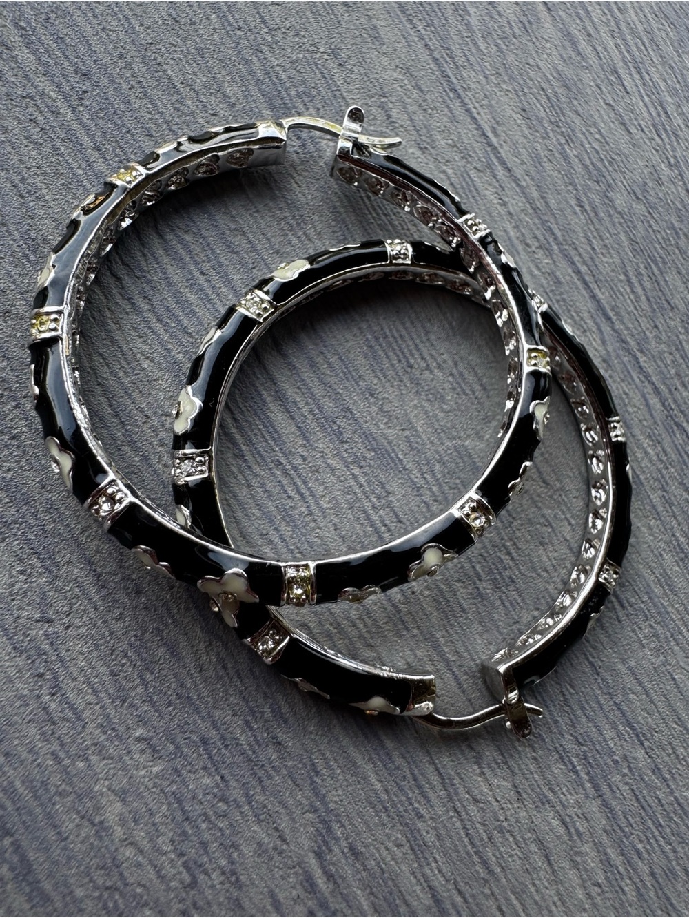 Black Floral Enamel Hoop Earrings with Crystal Accents